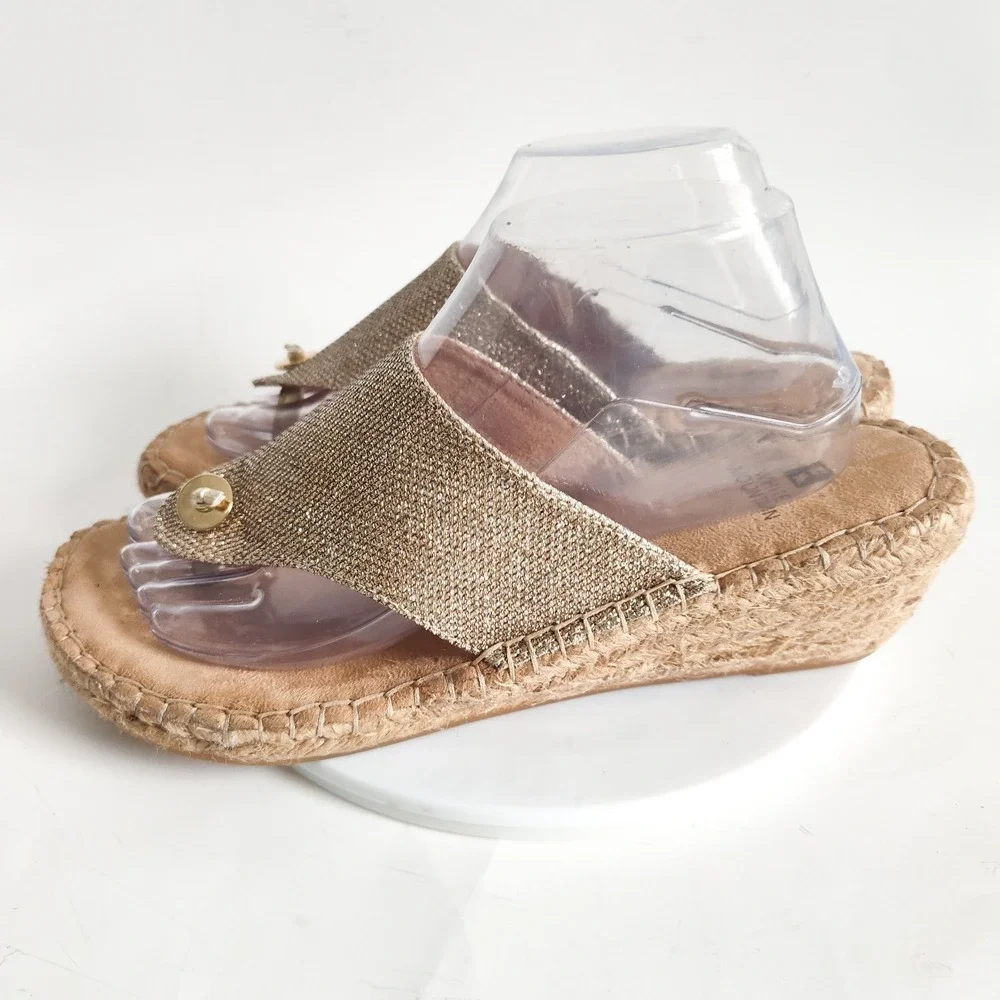 White Mountain Sandals Size 10 Espadrilles Wedges‎ Open Toe Mules Gold Glitter